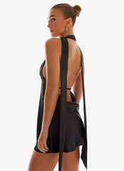 Alicia Satin Halter Mini Dress - Black