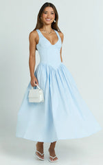 Beckett Midi Dress - Scoop Neck Drop V Waist Gathered Skirt Dress in Blue