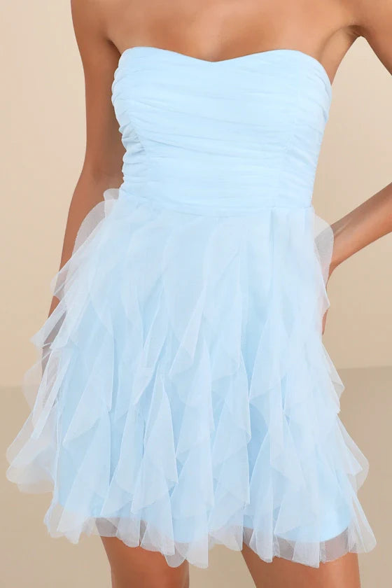 Delightful Beauty Pale Pink Mesh Strapless Ruffled Mini Dress