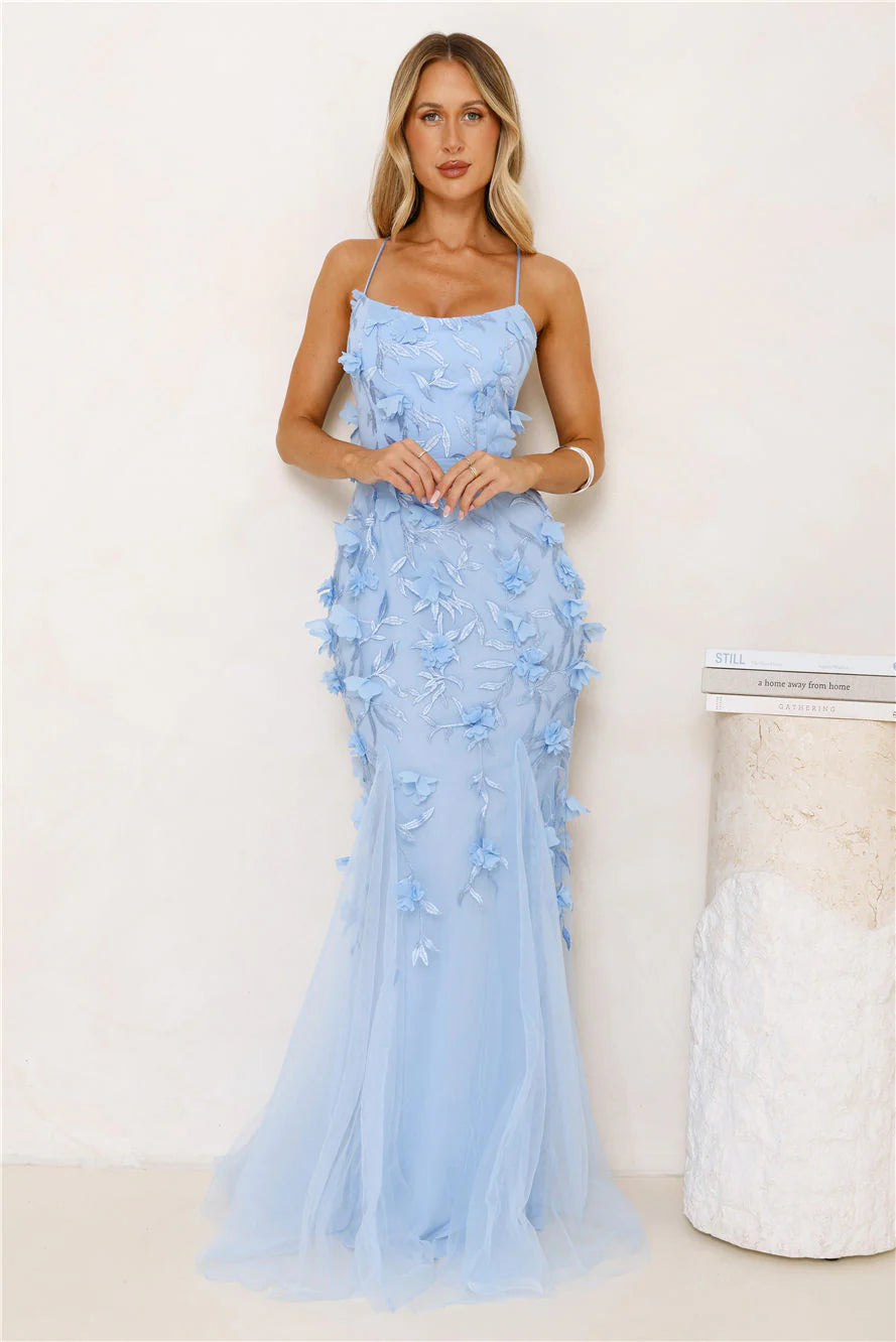 Petals In The Night Mesh Maxi Dress Blue